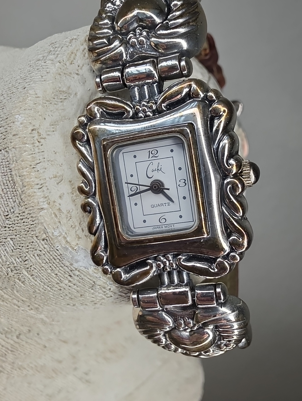Vintage Cache Silver Ornate Women's Leather Band Bracelet Western Style Watch